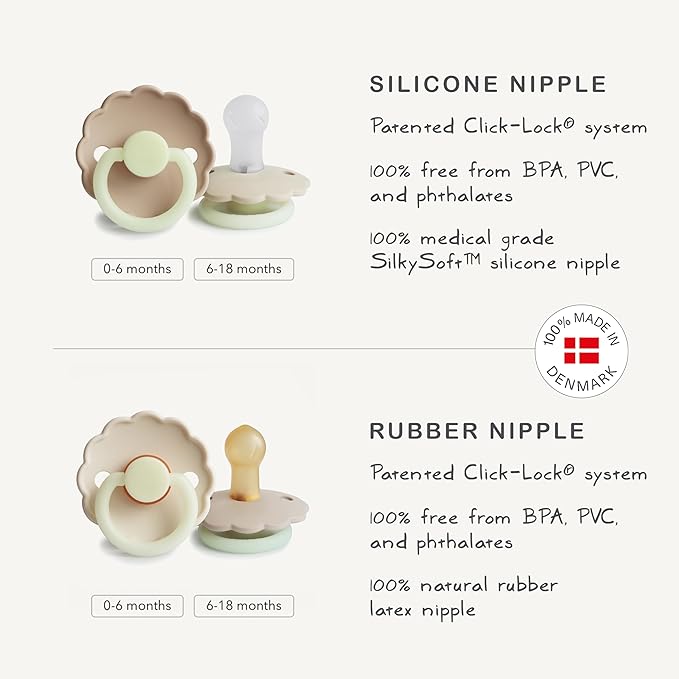 FRIGG Daisy Night Natural Rubber Baby Pacifier | Made in Denmark | BPA-Free (Blush/Cream, 0-6 Months) 2-Pack