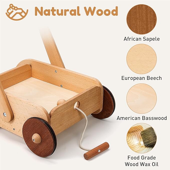 Woodtoe Wooden Baby Walker, Adjustable Speed Anti-Rollover Push Walker Toy for Babies Learning to Walk, Natural Toddler Push and Pull Toys Wagon, Montessori Birthday Toy Gift for Boy Girl 1 2 3 Years
