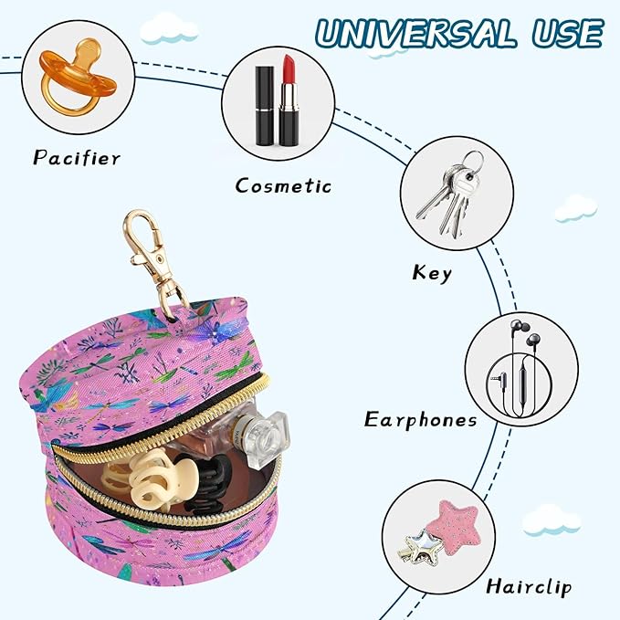 Pacifier Holder with Clip Pacifier Case for Diaper Bag Round Baby Pacifier Pouch Box Bag Portable Deep Pink Dragonflies and Leaves