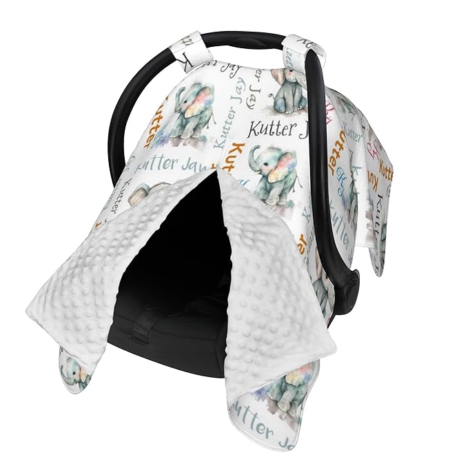 Personalized Winter Carseat Cover for Baby Custom Name Car Seat Canopy for Newborn Baby Boys Girls 2 in 1 Mom Nursing Breastfeeding Covers Elephant Minky Baby Carrier Stroller Covers