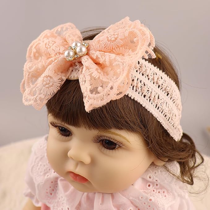 Lace Flower Bow-knot Baby Girls Headband Birthday Infant Wrap Elastic Baby Turban Hairband for Newborn Infant Toddler Kids (Pink pearl)