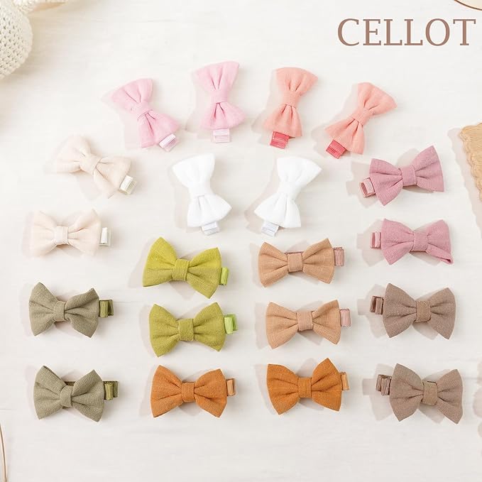 CÉLLOT 20Pcs Hair Clips Fully Lined 2 inch Bows Cotton and Linen Baby Hair Bows Hair Clips for Baby Girls Infants Toddlers and Kids