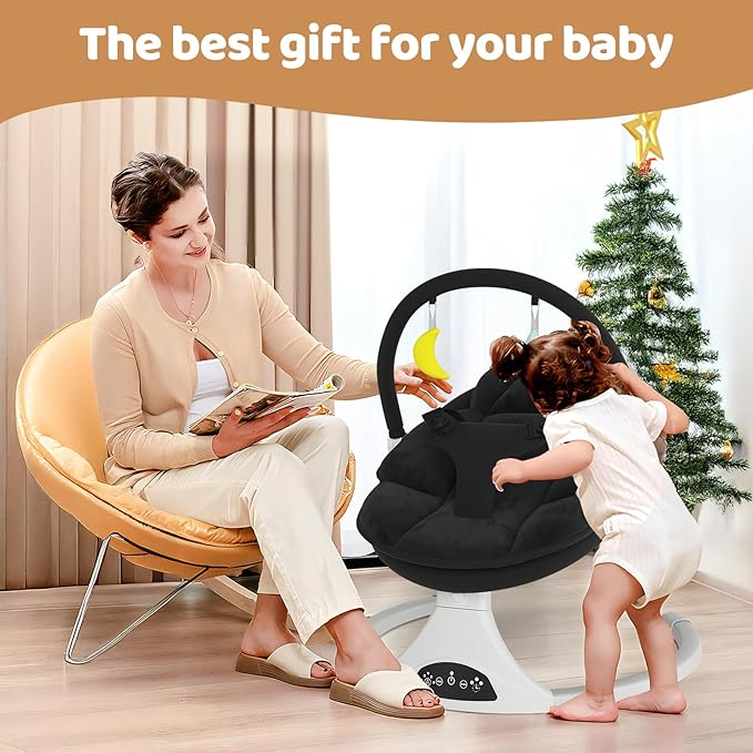 Electric Baby Swing with Remote Control - 5 Natural Motion Speeds, Detachable Seat Pad | Portable Infant Swing for Indoor/Outdoor Use (0-6M, 20lbs) (Black)