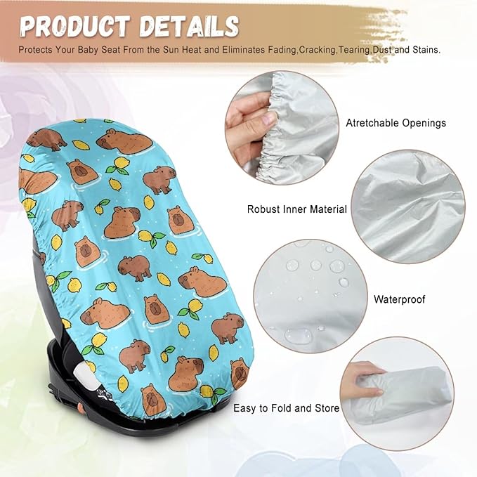 Capybara Car Seat Cover Baby Car Seat Sun Shade Cover with Elastic Band, Foldable Carseat Covers Keep Baby Cool and Child Safety for Travel