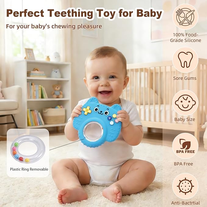 HAILI XMGQ Teething Toys for Baby, Sensory Baby Chew Toy, Rattle Ring Teether Toys for Babies 0-3-6-12 Months, Silicone TV Remote Control Shape for New Baby Gift (Blue)