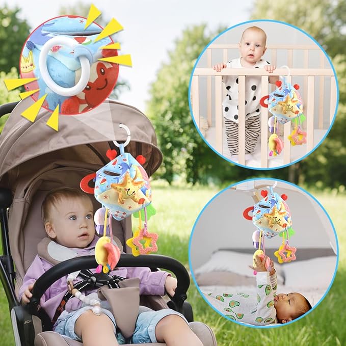 Caterbee Baby Sensory Tissue Box Toy with Hanging Hook – Pull Out Fabric Tissues, Rattle & Teether, Montessori Stroller & Car Seat Toy for Infants (Ocean)