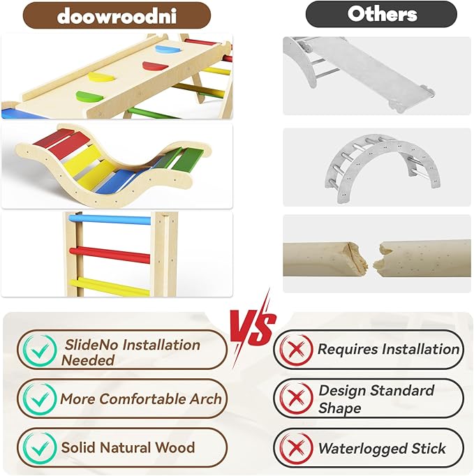 doowroodni Pikler Triangle Set 7in1 Toddler Climbing Toys Indoor Foldable Baby Climbing Toys Wooden Montessori Climbing Set with Arch, Ramp, Ladder for 1-3 Years, Jungle Gym for Kids Colored