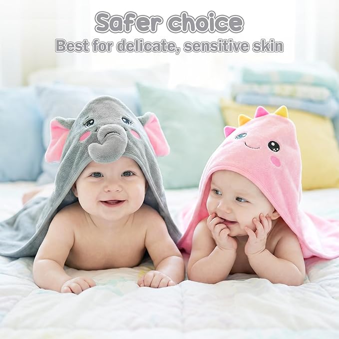 2 Pack Hooded Baby Towels Soft Absorbent Coral Fleece Baby Bath Towels with Animal Hood 32x32 Inch Toddler Bath Towel for 0-3 Years Newborn Baby Shower (Grey Elephant & Pink Dinosaur)
