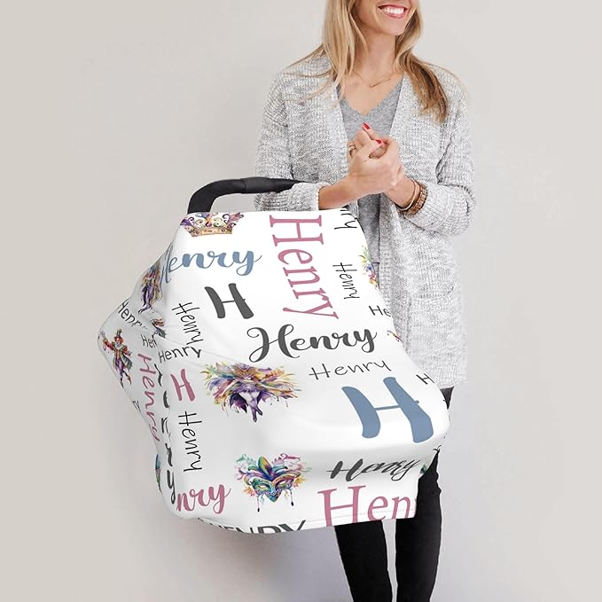 Personalized Car Seat Covers with Name, Crown Baby Canopy Carrier Cover, Breathable Breastfeeding Nursing Cover, Stretchy Multi-Use Infant Carseat Stroller Cover