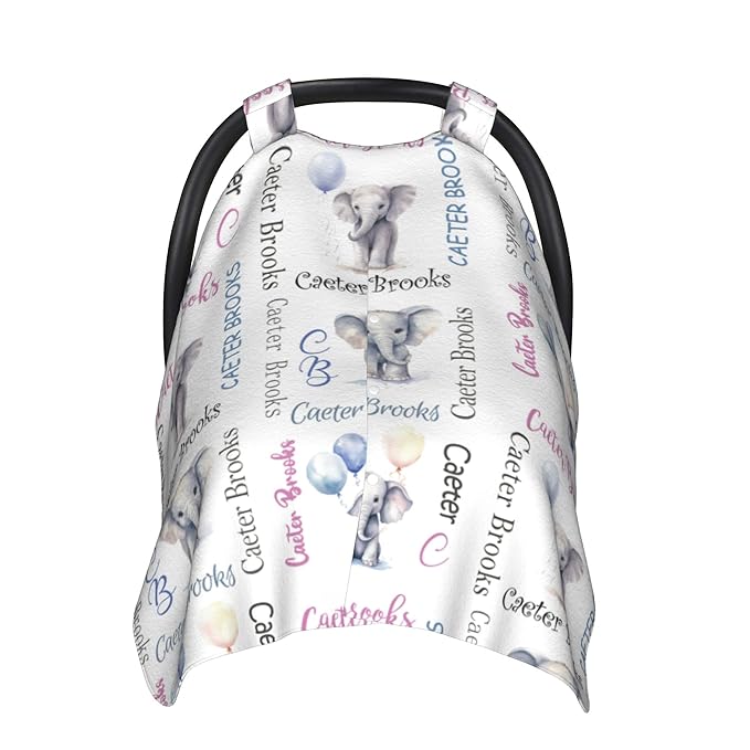 Personalized Baby Car Seat Canopy Minky Elephant Baby Blanket Custom Name Baby Car Seat Cover Girls Boys Infant Newborn Carseat Canopy Nursing Cover for Stroller Car Seat Canopies