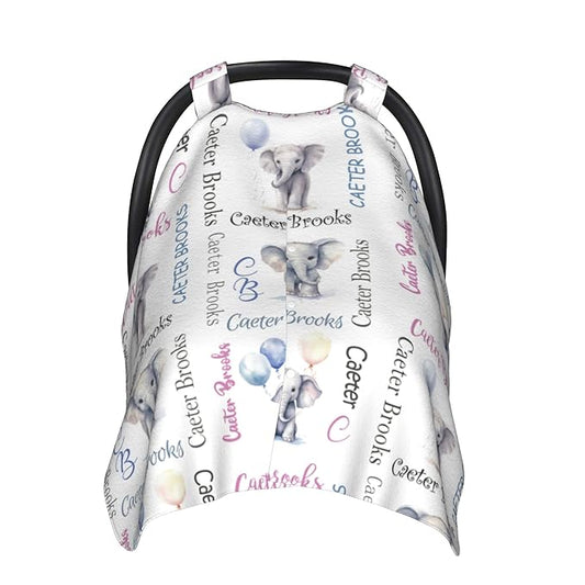 Personalized Baby Car Seat Canopy Minky Elephant Baby Blanket Custom Name Baby Car Seat Cover Girls Boys Infant Newborn Carseat Canopy Nursing Cover for Stroller Car Seat Canopies
