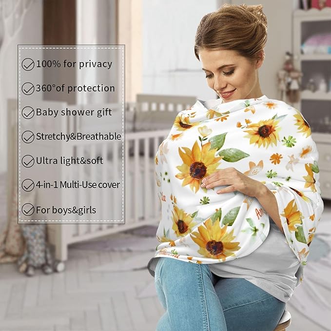 Personalized Baby Car Seat Cover for Boys Girls, Custom Sunflower Nursing Covers for Breastfeeding with Name, Infant Stroller Cover, Baby Carseat Canopy for Newborn, Multiuse Car Seat Canopies