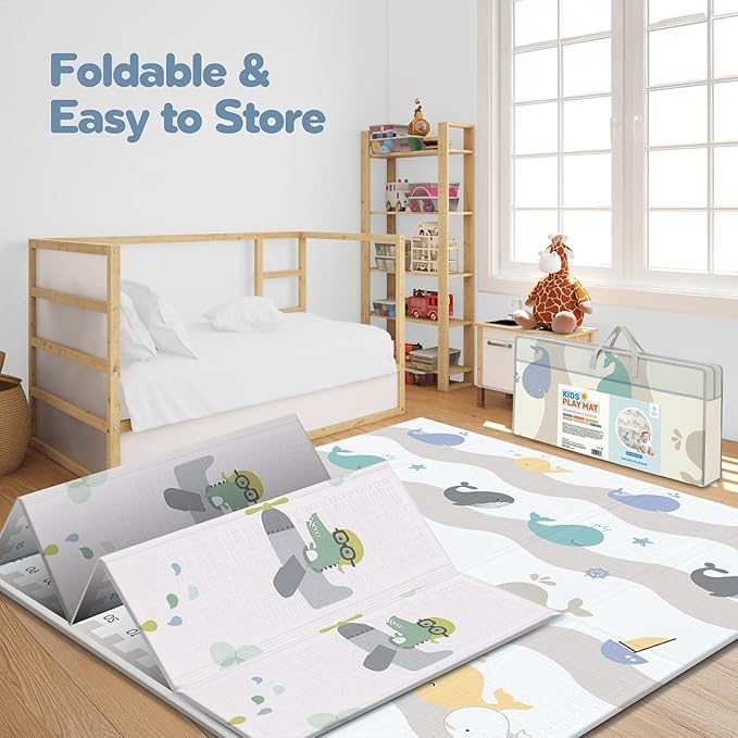 Motherly Haven 79x71 Foldable Baby Play Mat for Floor, Extra Large Reversible Foam Play Mat for Babies 6-12 Months, Waterproof Portable Foam PlayMat for Tummy Time for Toddler - Whales