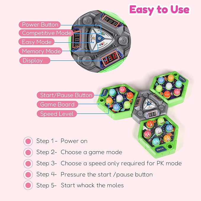 TooLion 3-Player Whack Game Mole for Kids 3-12 Boys Girls - 3 Independent Game Boards,3 Modes with Sound & Light,Safe Educational Pounding Toy,Christmas Birthday Gift for Multi-Kid Families,Green