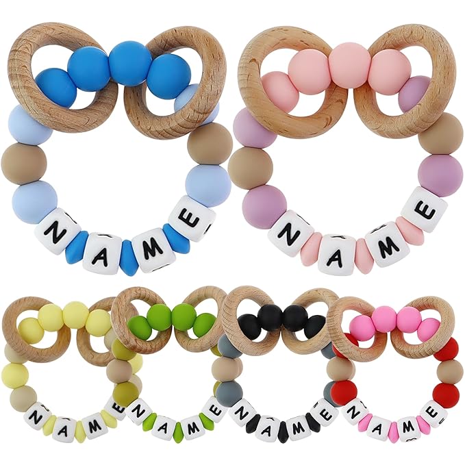 Personalized Baby Teether Rattle Rings, Colorful Styles, Custom Stylish Baby Accessories (Grey)