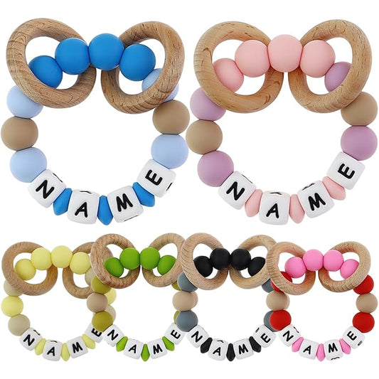 Personalized Baby Teether Rattle Rings, Colorful Styles, Custom Stylish Baby Accessories (Grey)