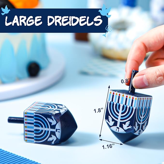 Wonderjune 2 Pcs Hanukkah Dreidels Extra Large Wooden Dreidel for Hanukkah Decoration with English Transliteration, Forever Spinning Tops Party Favors(Candlestick)