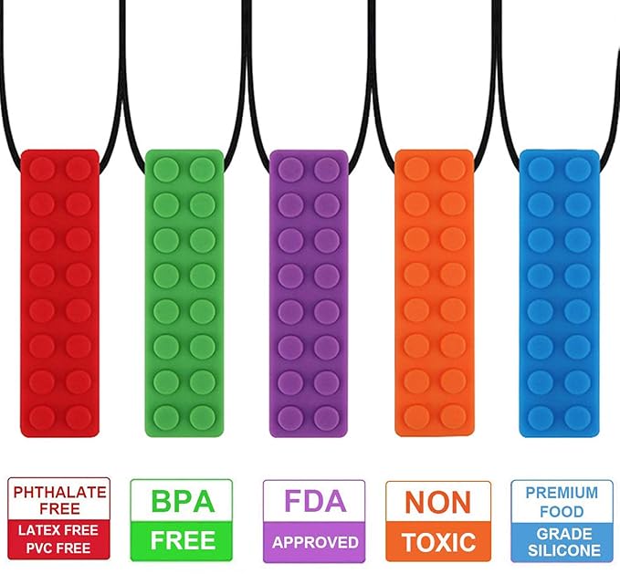 Chew Necklace, Sensory Chew Necklace Bundle for Kids with Chewing, ADHD, Autism, Biting Needs, Oral Motor Chewy, Silicone Necklace Made from Food Grade Silicone Safety, for Boys&Girls(5 PCS)