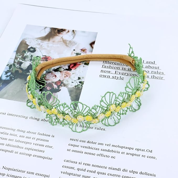 Dizila 6 Pieces Super Soft Stretchy Green Khaki White Baby Girl Nylon Bow Flower Headbands Floral Lace Headbands Hair Accessories for Newborns Infants Toddlers Girls Kids
