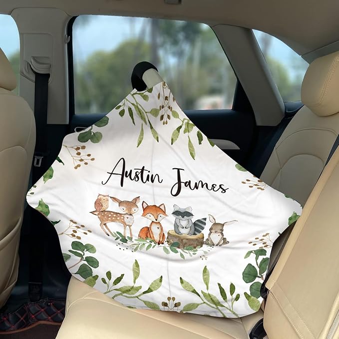 Personalized Baby Car Seat Cover Stroller Canopy: Custom Name Newborn Baby Boy Girl Elastic Animals Nursing Cover for Moms First Birthday Gift Woodland(one Size)