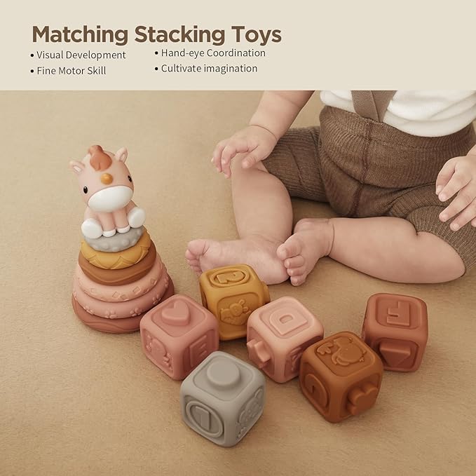 Nueplay Soft Stacking Toys & Jigsaw Puzzles for Baby Girls — 12PCS Cube-Type Puzzles, Sensory Rings & Shape Blocks Set with Unicorn Topper, Montessori Learning Playset for 1 Year Old