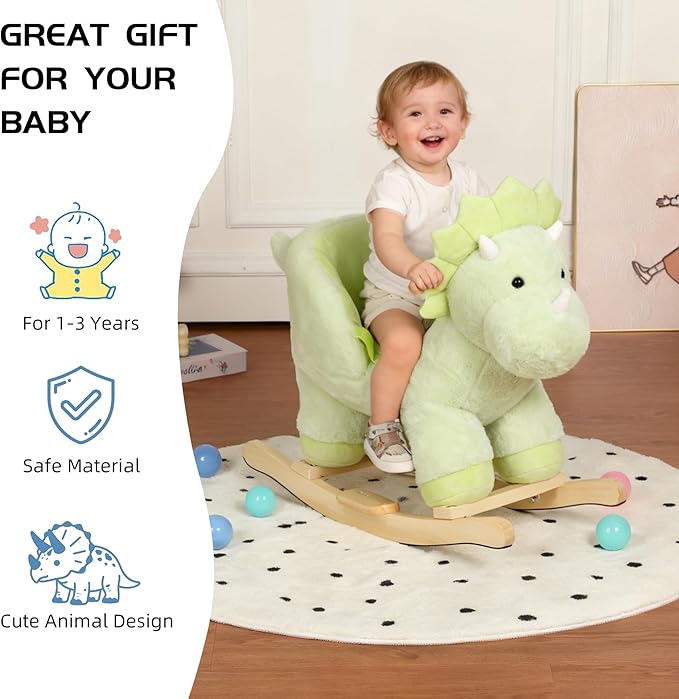 Dinosaur Baby Rocking Horse for Toddlers 1 Years to 3 Years, Stuffed Plush Ride-on Rocking Animal with Realistic Sound and Music, Wooden Rocking Horse with Seat, Green Dinosaur, CPC Certified