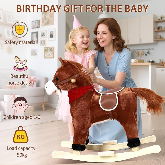 Rocking Horse for Toddlers Ages 1-6, Plush Ride On Toy with Sounds Moving Mouth & Wagging Tail, Interactive Wooden Rocker for Kids, Baby Rocking Chair Toys up to 120kg (Dark Brown Small)