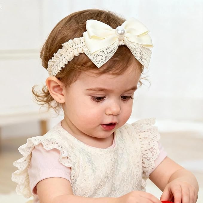 Handmade Baby Girl Headbands in Beige Baby Bows and Floral Lace Headband Bows for Newborns and Toddlers Cute Baby Girl Bows and Newborn Headband Bows