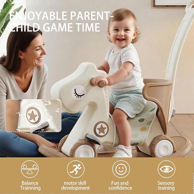 4 in 1 Rocking Horse for Toddlers 1-3, Baby Ride On Toys with Balance Board & Push Handle, Convertible Push Car, Birthday Gift for 1 Year Old Boys Girls (Tan)