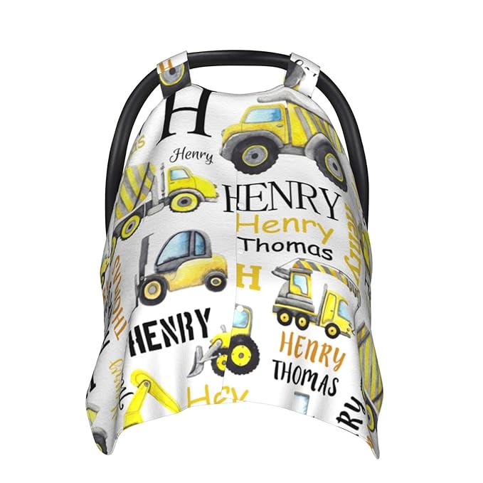 Personalized Baby Car Seat Canopy for Babies with Name, Custom Construction Truck Stroller Car Seat Covers for Boy, Minky Nursing Carseat Cover for Breastfeeding, Car Seat Canopies for Infant Newborn