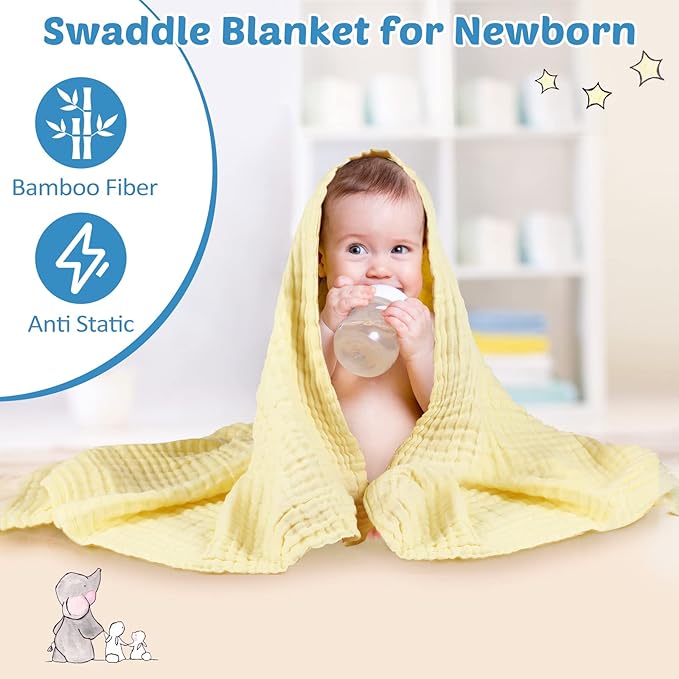 Chumia 6 Pack Baby Muslin Bath Towels Set – Large 43.3x43.3 Inch 6 Layers Soft Cotton Breathable Quick Dry Swaddle Blankets for Newborns, Infants, Toddlers (Multicolor)