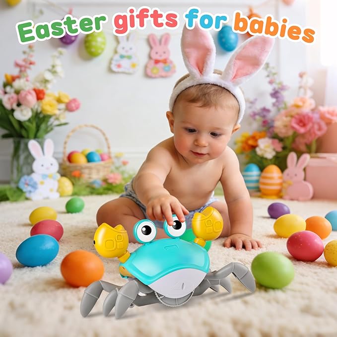 Crawling Crab Baby Toys with Music&Speed Control, Tummy Time Toys for 4 5 6 7 8 9 10 11 Boy Girl Easter Basket Stuffers, Dancing Walking Crawly Crab for Baby Toddler Infant 6-12-18 Months Kid 1-3