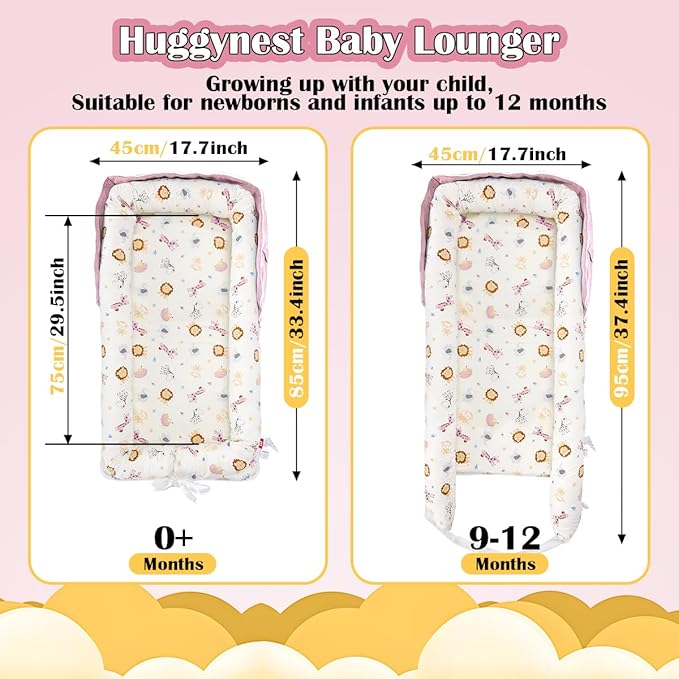 Baby Lounger for Newborn, Portable Infant Lounger for 0-24 Months Newborn, Home Travel Dual-Purpose Baby Nest (Animal World Pink)
