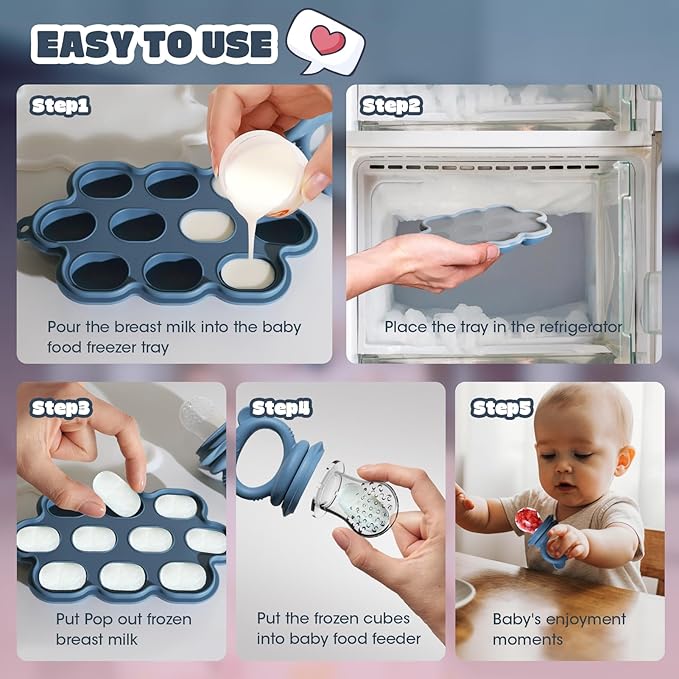 Baby Food Feeder Set, 2 Packs Fruit Feeder & Breastmilk Popsicle Molds Freezer Tray with Lid, Silicone Fruit Feeder to Teething Relief, Introduce New Foods, Baby Feeding Essentials(Blue+Red)