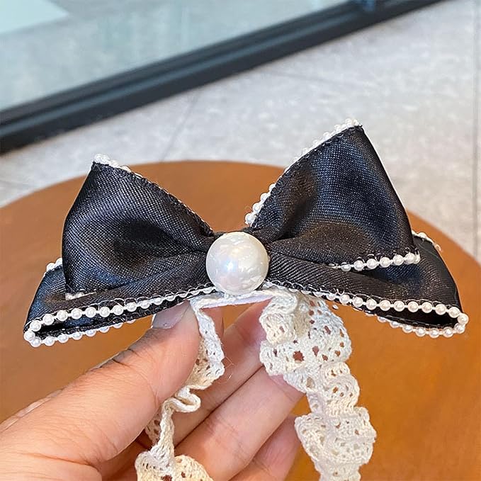Bow Lace Headbands for Baby Girls Soft Tulle Ribbon Pearl Head Wrap Elastic Bow-knot Hair Band Shower Birthday Hair Accessory for Newborn Infant Toddler (Black B, Elastic)