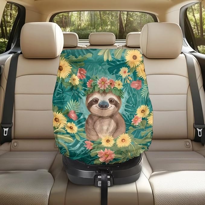 XYZCANDO Sloth Print Carseat Cover for Baby Cartooon Baby Car Seat Cover with Elastic Edge Foldable Summer Carseat Cover Protect from Sun/Hot Days Breathable Car Seat Sun Cover for Baby
