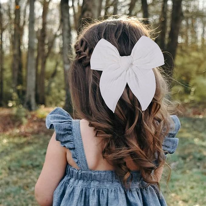 5.5 Inch White Fable Hair Bow: Handmade Linen Cotton Hair Clip for Girls - 1 PCS