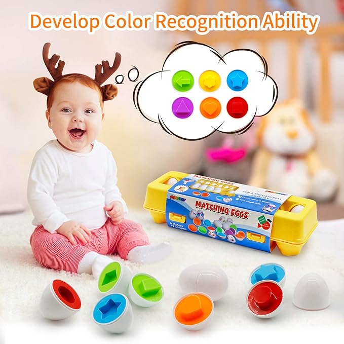 MOONTOY Matching Eggs for Toddlers 1-3, 12PCS Preschool Educational Learning Color & Shape Sorter Sensory Montessori Toy Toddler Easter Eggs Basket Stuffers Gift for 1 2 3 Year Old Kid Baby Boy Girl