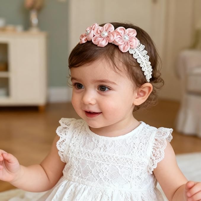 Handmade Baby Girl Headbands in Beige and Pink Lace Flowers for Newborns and Toddlers Cute Baby Girl Flowers and Newborn Headbands (Pink Pearl Flowers, One Size)