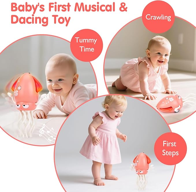 hahaland Tummy Time Toys, Dancing Squid Toy Musical Moving Crawling Baby Toys Developmental Funny Gifts for Babies Rechargeable Electric Octopus Baby Toys 1 Year Old Girl Gifts Easter Basket Stuffers