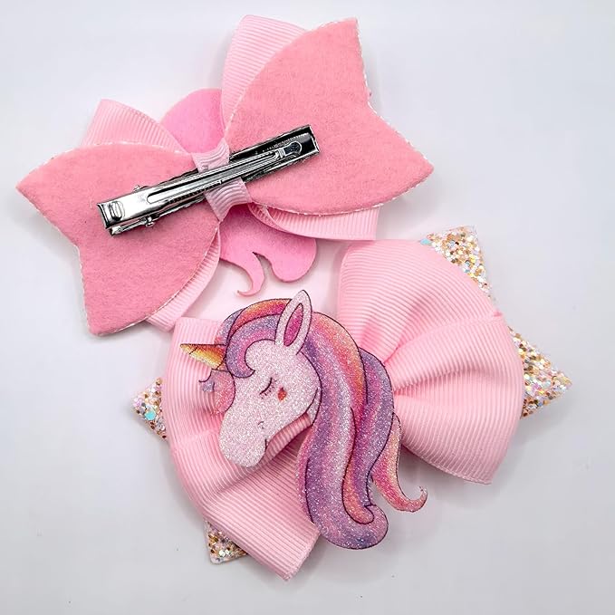 Glitter Unicorn Hair Bows for Girls - 2PCS Sparkly Pink Unicorn Bow, Cute Alligator Hair Clips Barrettes Hair Accessories for Toddler Kids Birthday Party, Princess Costume Gift