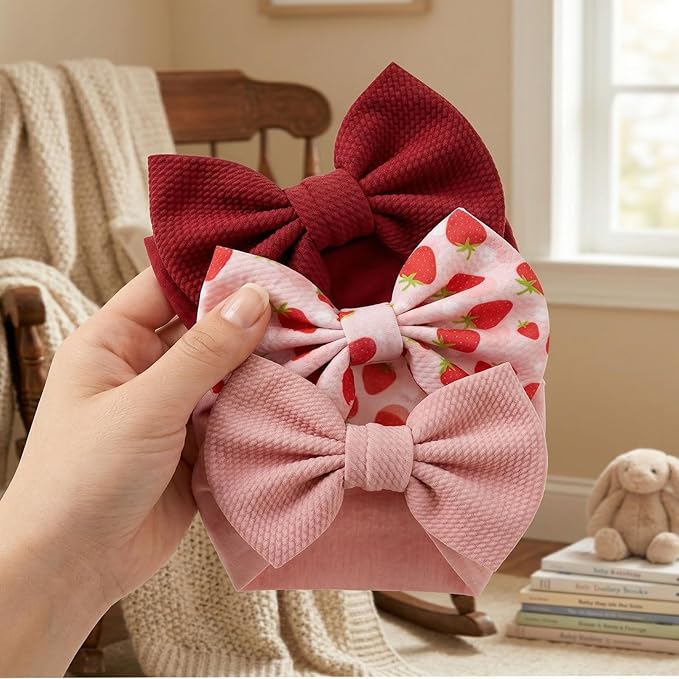 Qchengsan 3 Pack Baby Girl Headbands with Bows, Soft Stretchy Nylon Hair Accessories for Newborn Infant Toddler, Cute Strawberry Shortcake Baby Stuff, Red Pink Ribbon for Photos, Shower Gifts