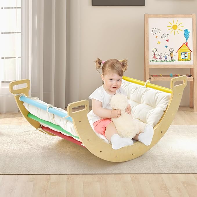 INFANS Wooden Arch Climber Rocker with Soft Cushion, 4 in 1 Montessori Climbing Ladder Toys for Toddlers, Waldorf Indoor Baby Children Ladder Gym Learning Playset Gift for Kids Boys Girls