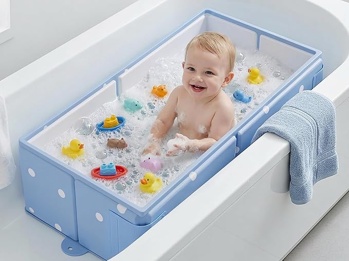 Collapsible Baby Bathtub for Newborn to Toddler, Foldable Toddler Bathtub with Drain Plug, Non-Slip Portable Infant Bath Tub for Travel Storage Outdoor Use, Milk Blue