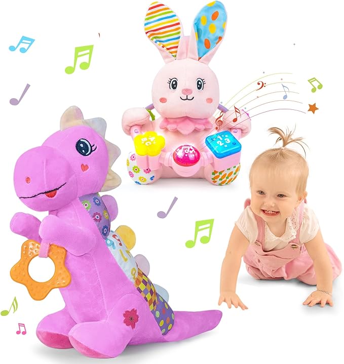 Holaxander Baby Boy Gift Set for 0-12+ Months (1 * Baby Dino Musical Toy & 1 * Musical Plush Rabbit Toy)