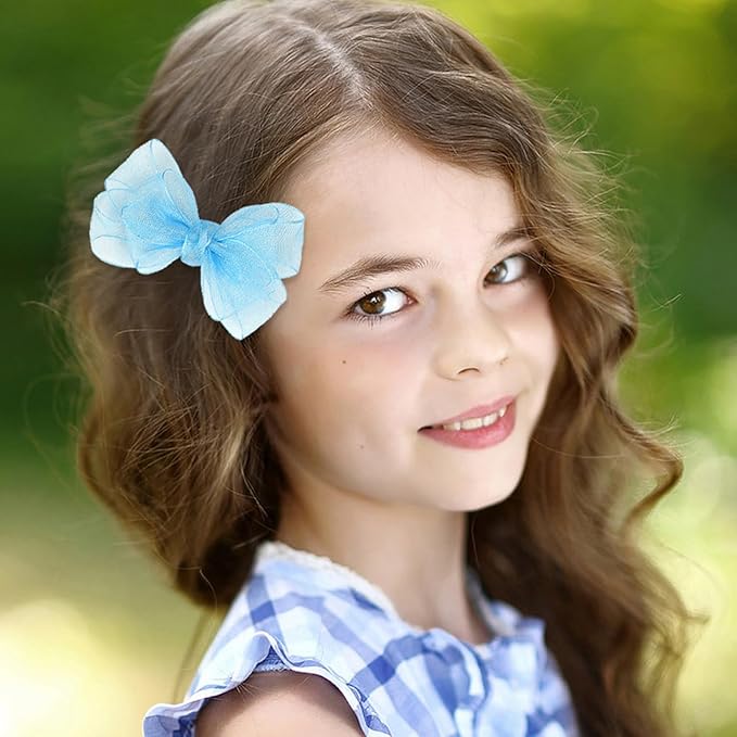 3.5-Inch Organza Hair Bows for Girls - Elegant Sheer Ribbon Alligator Clips for Toddlers, Kids, and Teens - Pack of 2, Sky Blue