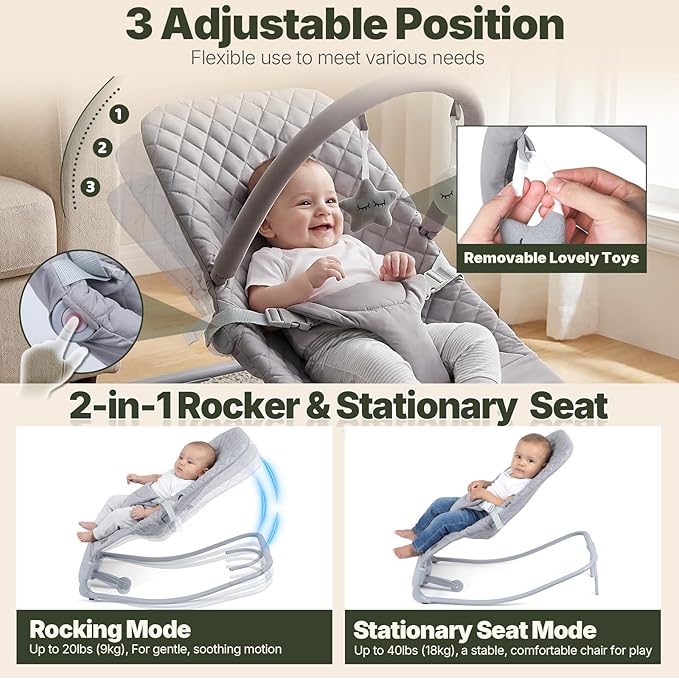 Orzbow Electric Baby Bouncer & Rocker with Innovative Auto Rocking Motion, Adaptable 3-Speed, Smart Tap Sensing, Soothing Sounds, and 3 Recline Positions, 2-in-1 Automatic Baby Rocker Chair, Grey