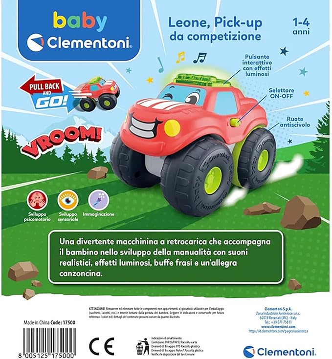 Clementoni Baby Lion Pick-up, Child Car 1-4 Years, Early Childhood Game, Off-Road with Sounds and Mermaids, Stimulates Manuality, Sight and Hearing, Made in Italy, Italian Language, 17500