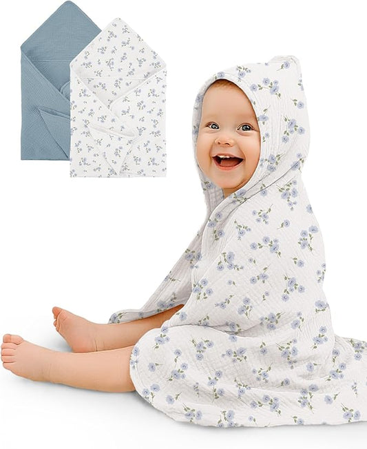 Hooded Baby Towels 2 Pack, Muslin Baby Bath Towels with Hood for Newborn Infant and Toddler, Soft Breathable & Absorbent, 32" x 32" (Bluebell Bloom & Light Blue, Lightweight)