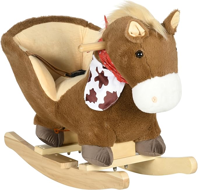 Qaba Baby Rocking Horse, Riding Horse, Plush Animal Rocker with Realistic Sound, Pedals for Ages 18-36 Months, Brown